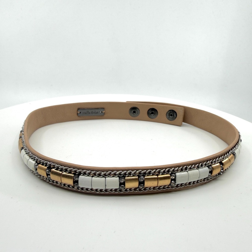 Stella & Dot Tan Faux Leather Wrap Bracelet Mixed Metal Rhinestone Boho Gift